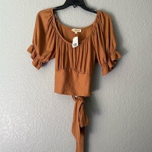 Listicle Women's Ribbed Knit Ruched Tie-Back Top in Tangerine Size XL